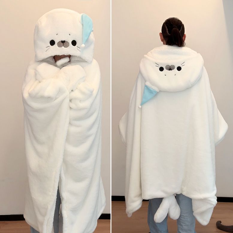 Wearable Fluffy Seal Cape Blanket with Hand Openings