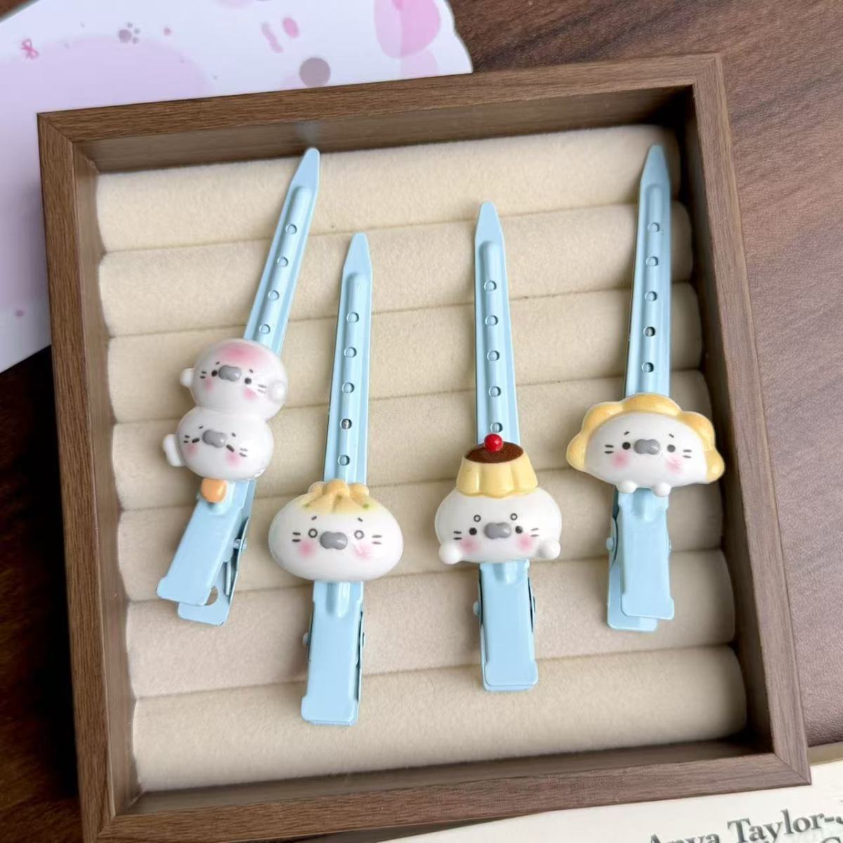 Cute Seal Cream Blue Hair Clips Set for Face Washing and Side Bangs