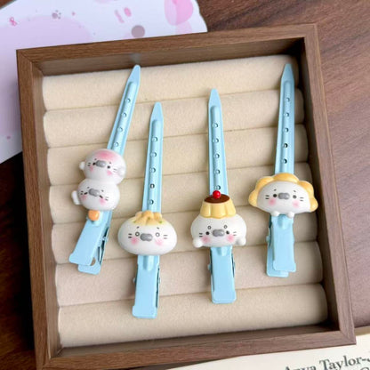 Cute Seal Cream Blue Hair Clips Set for Face Washing and Side Bangs