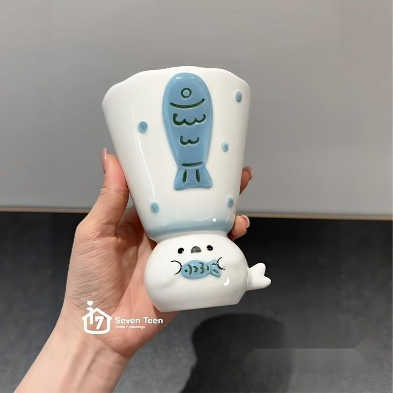 Cute Seal Ceramic Mug with Spoon, Creative Newlywed Birthday Gift