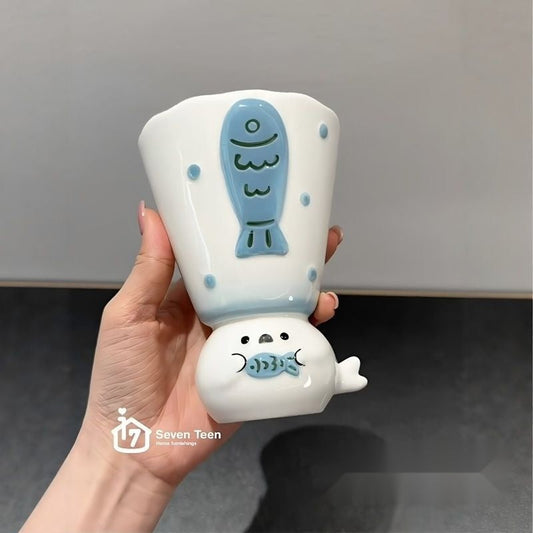 Cute Seal Ceramic Mug with Spoon, Creative Newlywed Birthday Gift