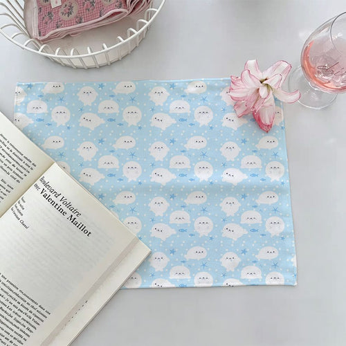 Cute Blue Seal Cotton Linen Tablecloth Desk Mat