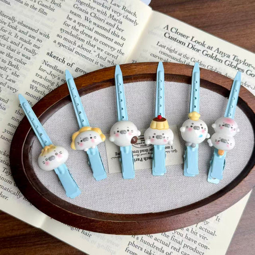 Cute Seal Cream Blue Hair Clips Set for Face Washing and Side Bangs