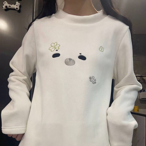 Cute Embroidered Fleece-Lined Thermal Long-Sleeve Top