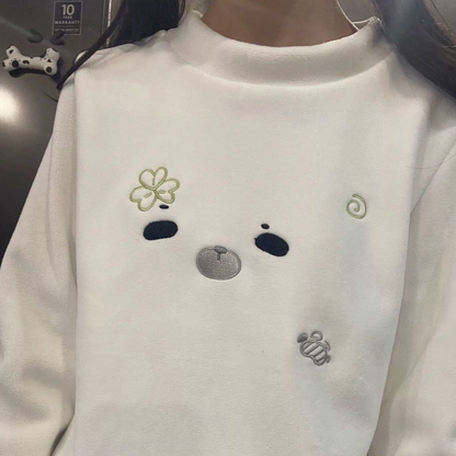 Cute Embroidered Fleece-Lined Thermal Long-Sleeve Top