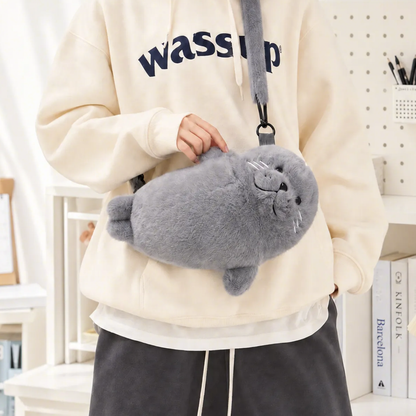 Fluffy Seal Plush Handbag in Gray or White