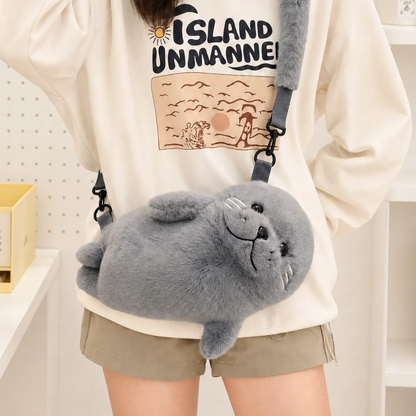 Fluffy Seal Plush Handbag in Gray or White