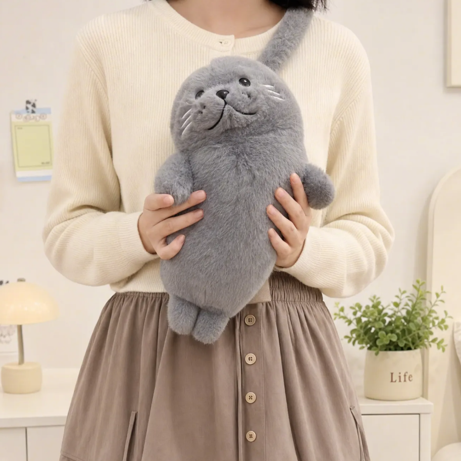Fluffy Seal Plush Handbag in Gray or White