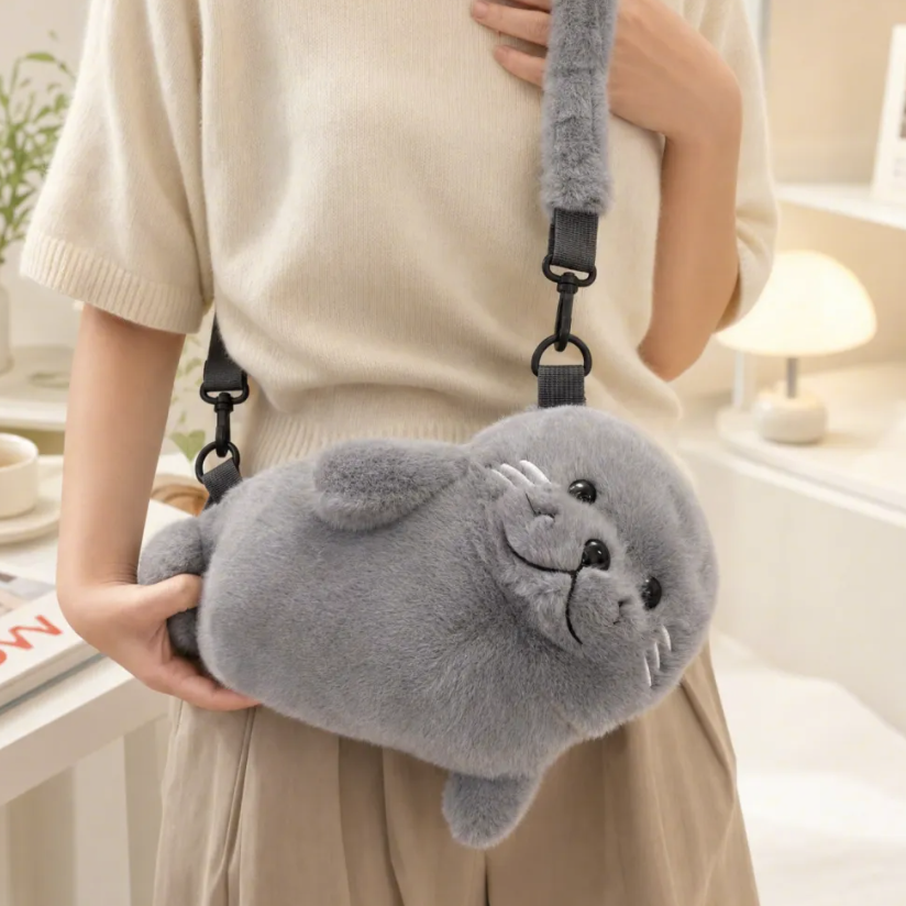 Fluffy Seal Plush Handbag in Gray or White