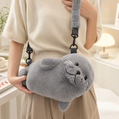 Fluffy Seal Plush Handbag in Gray or White