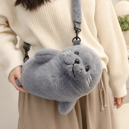 Fluffy Seal Plush Handbag in Gray or White