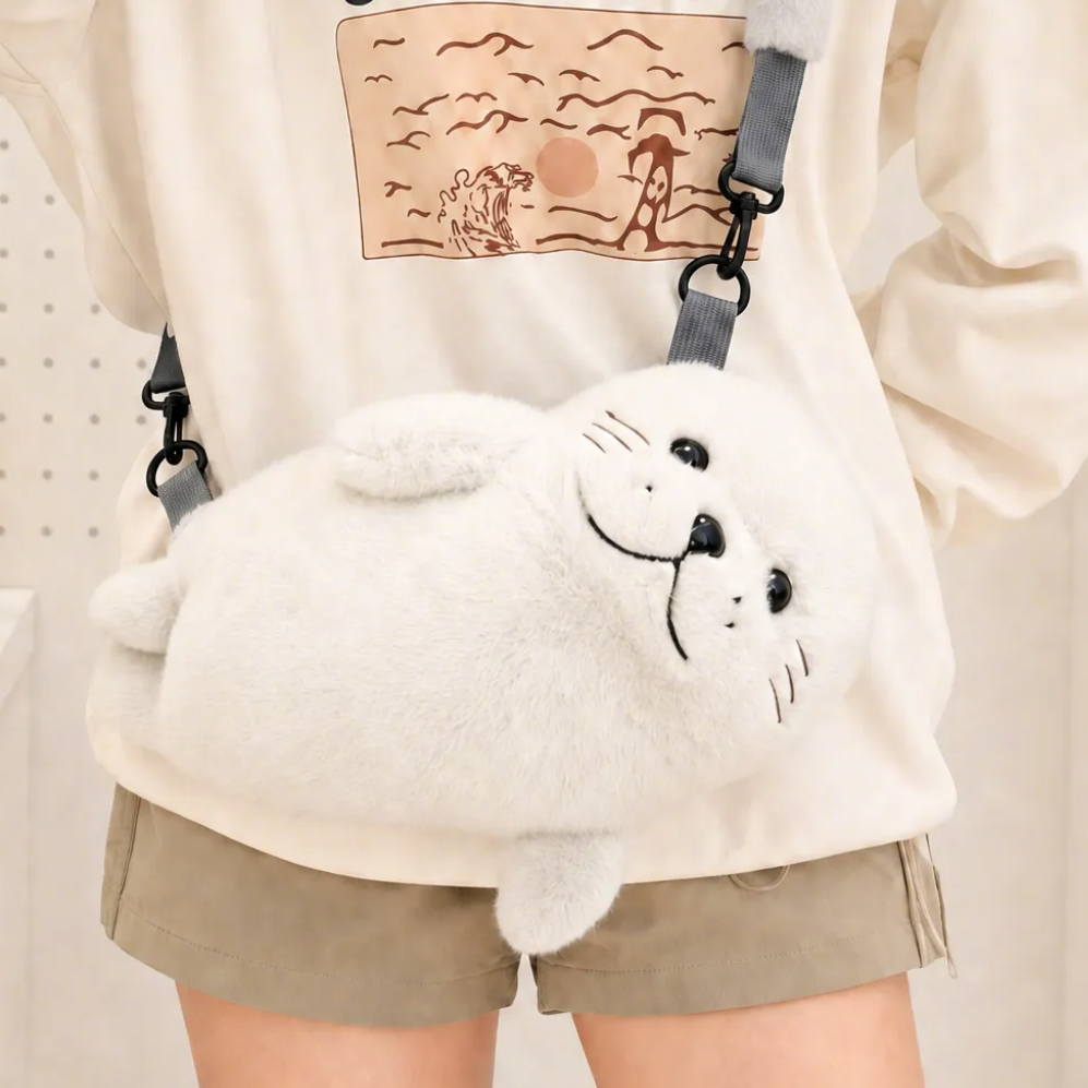 Fluffy Seal Plush Handbag in Gray or White