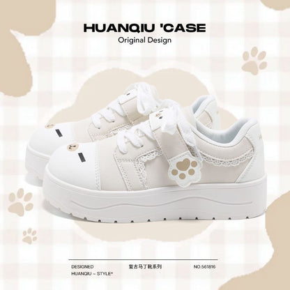 Cute Smiley Doodle White Sneakers with Chunky Platform Sole