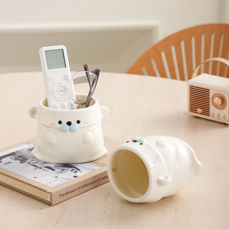 Cute Ceramic Seal Desk Organizer Pen Holder with Bag Design, Large Capacity for Makeup Brushes and Remote Controls