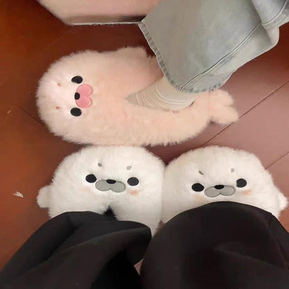 Warm Closed-Back Seal Plush Slippers for Home