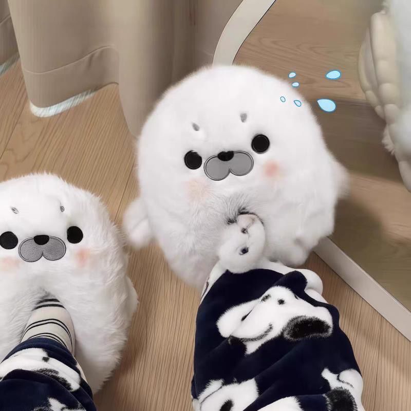 Warm Closed-Back Seal Plush Slippers for Home