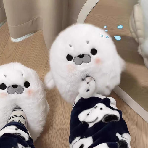 Warm Closed-Back Seal Plush Slippers for Home