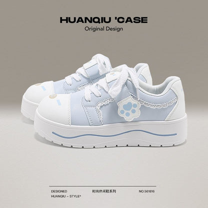 Cute Bear Paw White Sneakers with Hidden Height Increase Chunky Sole Casual Shoes
