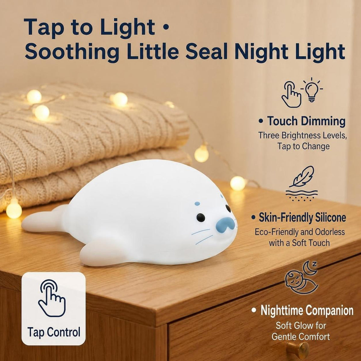 Eye Nurse LED Touch Night Light with Cute Seal Design, Dimmable Bedside Lamp for Baby and Gift