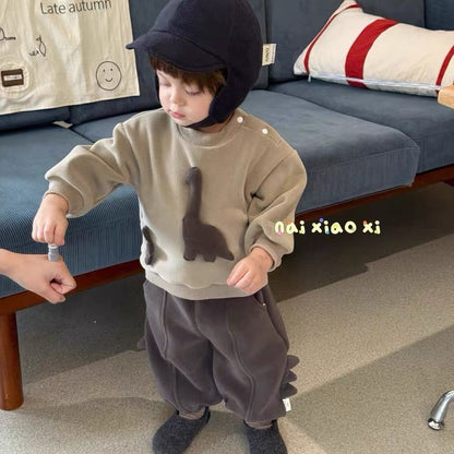 Cartoon Dinosaur Fleece Hoodie and Pants Set for Baby Boys, Winter Warm Outfit