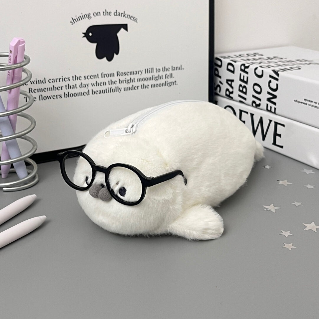 Seal Plush Pencil Case with Cute Mini Glasses