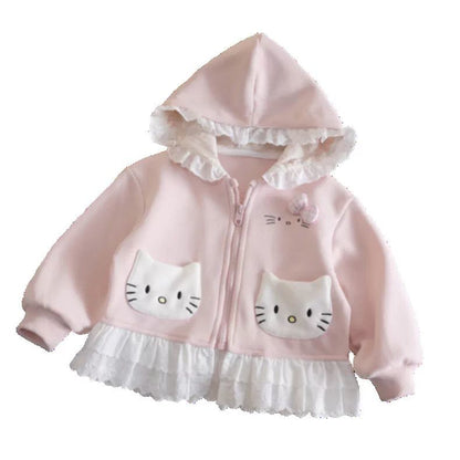 Kids' Striped Cat Hooded Cardigan with Lace Trim