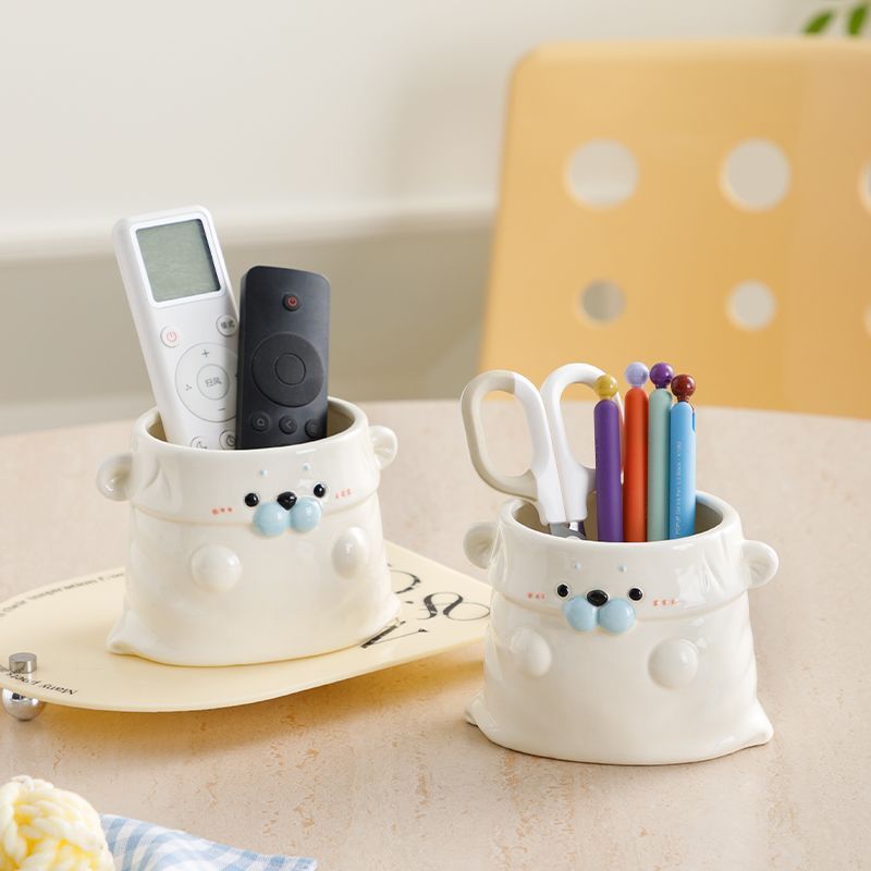 Cute Ceramic Seal Desk Organizer Pen Holder with Bag Design, Large Capacity for Makeup Brushes and Remote Controls