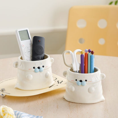 Cute Ceramic Seal Desk Organizer Pen Holder with Bag Design, Large Capacity for Makeup Brushes and Remote Controls