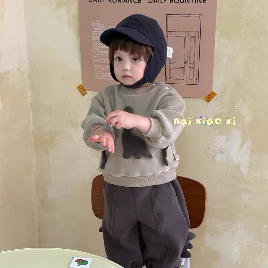 Cartoon Dinosaur Fleece Hoodie and Pants Set for Baby Boys, Winter Warm Outfit
