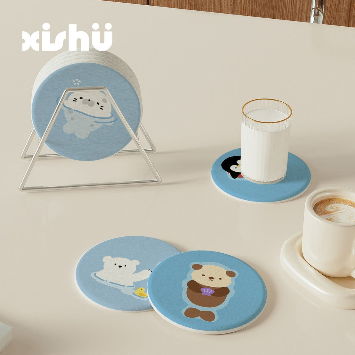 Cute Cartoon Seal Diatomite Coaster Set for Desk, Table, and Bar