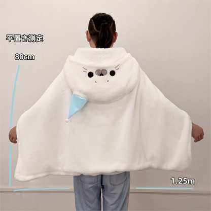 Wearable Fluffy Seal Cape Blanket with Hand Openings