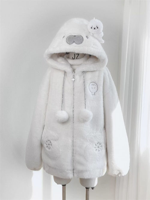 NASA Cute Seal Embroidery Fleece-Lined Jacket for Women, Winter Coat