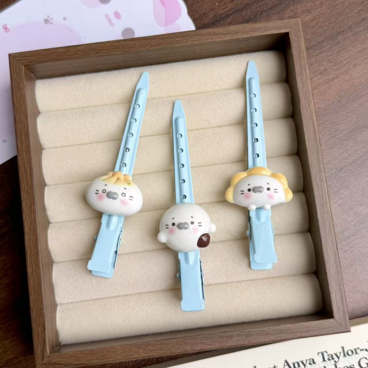Cute Seal Cream Blue Hair Clips Set for Face Washing and Side Bangs