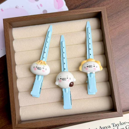 Cute Seal Cream Blue Hair Clips Set for Face Washing and Side Bangs