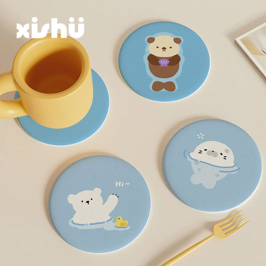 Cute Cartoon Seal Diatomite Coaster Set for Desk, Table, and Bar