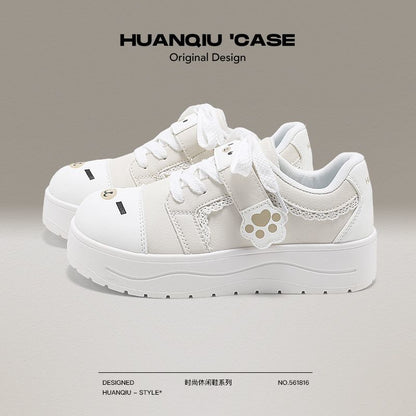 Cute Bear Paw White Sneakers with Hidden Height Increase Chunky Sole Casual Shoes